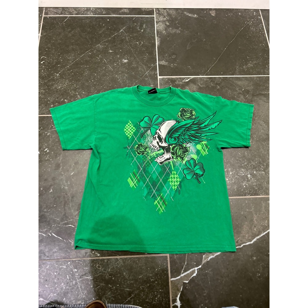 Hybrid Tees Mens Green Graphic T-Shirt Winged Skull Clover St Patricks Day XL